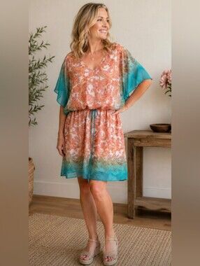 Bisou Bisou Michele Bohbot Paisley Ombre Chiffon Dress Orange Teal Womens Size10